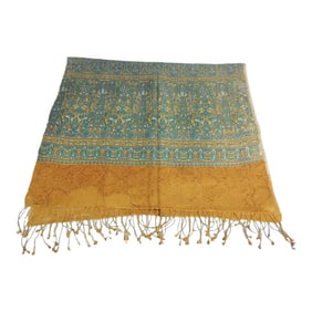 Vintage Yellow and Blue Indian Shawl With Fringes