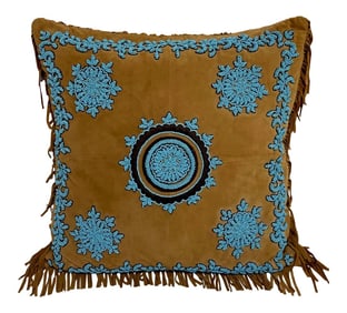 Late 20th Century Native American Style Suede Pillow With Turquoise Glass Beadwork