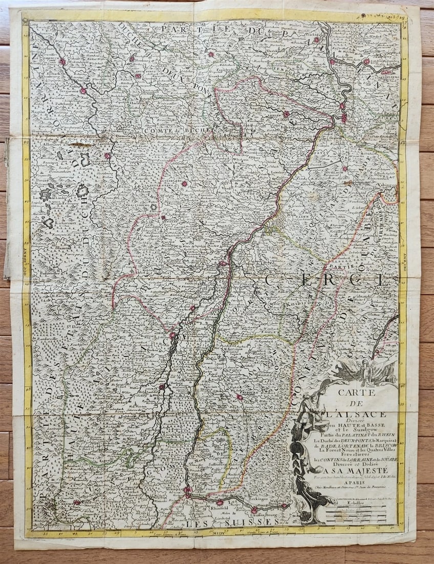 1754 ALSACE FRANCE antique MAP Carte de L'Alsace .. et Basse et Le Sundgau: ALSACE "Carte de L'Alsace divisee en Haute et Basse et Le Sundgau " Shows Strasbourg, Haugenau, Beinheim, Colmar, Bale, Brisbach, New Brisach, Befort... Vaugondy: Paris; c. 1754 Hand-colored copper en
