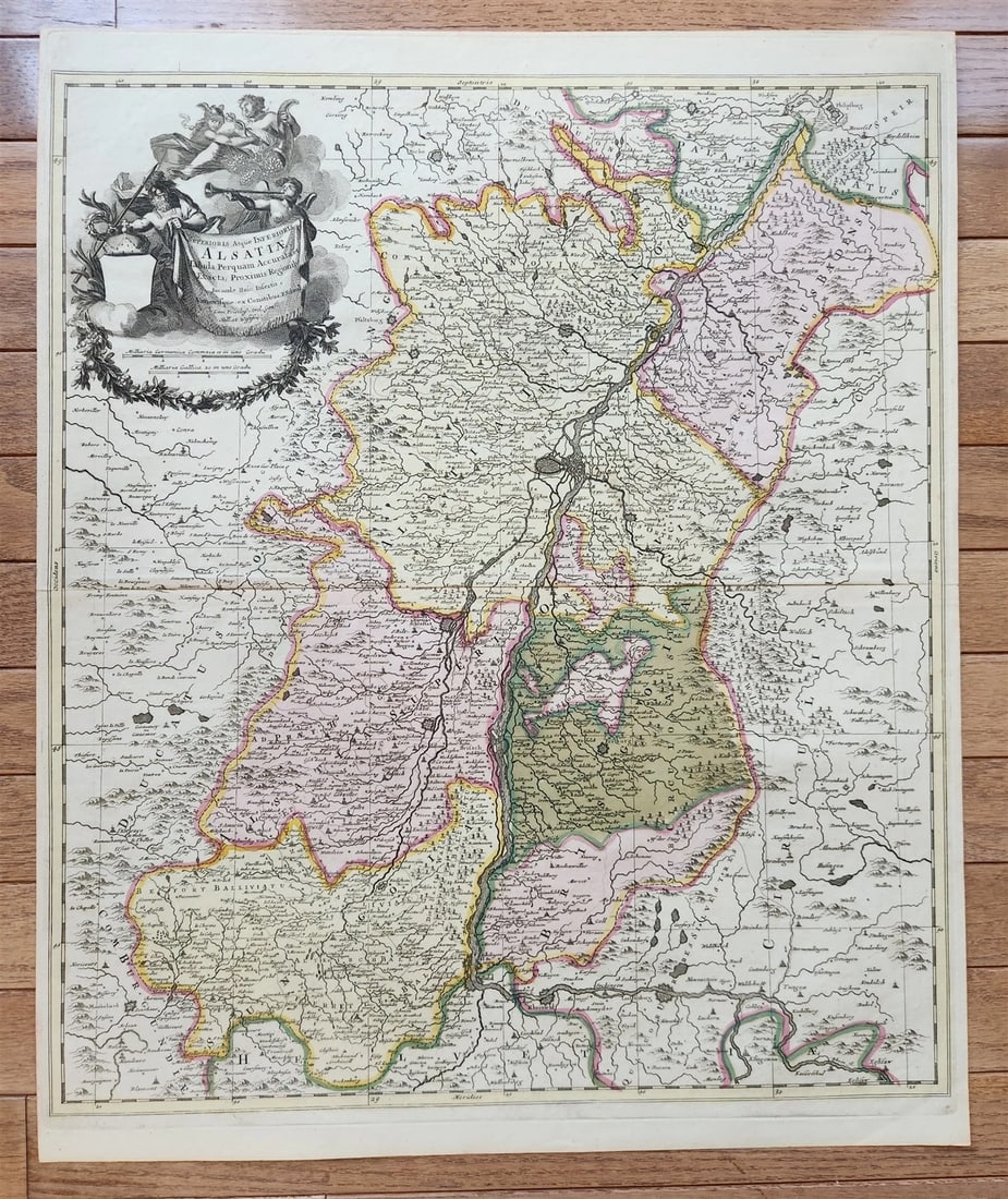 1760s ALSACE FRANCE antique MAP SUPERIORIS atque INFERIORIS ALSATIAE by T.Lotter: ALSACE SUPERIORIS atque INFERIORIS ALSATIAE Tabula Perquam Accurata et Exacta, Proximis Regionib. Incunde Huic Insertis, Annexisque: ex Conatibus by Tobias Conrad Lotter Augsburg; c. 1760s Hand-colore