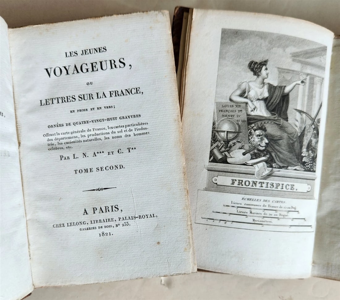 1821 LES JEUNES VOYAGEURS or LETTRES SUR LA FRANCE antique ILLUSTRATED 2 VOLUMES: LES JEUNES VOYAGEURS or LETTRES SUR LA FRANCE ("THE YOUNG TRAVELERS, OR LETTERS ON FRANCE IN PROSE AND VERSE) Paris; 1821 2 volumes (incomplete set) Size 4 by 6 1/4" Hard bound Illustrated lacks a few