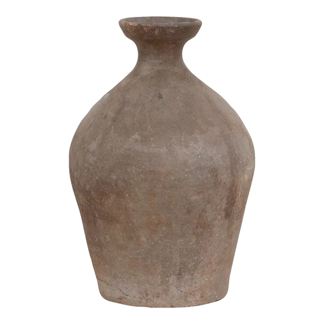Vintage Earthy Amphora Pot: Showing a charming oxidized gray finish, this amphora pottery vase has a rounded shape with texture and a short narrow neck. This farmhouse style pot has a matte gray and aged finish giving it a rusti