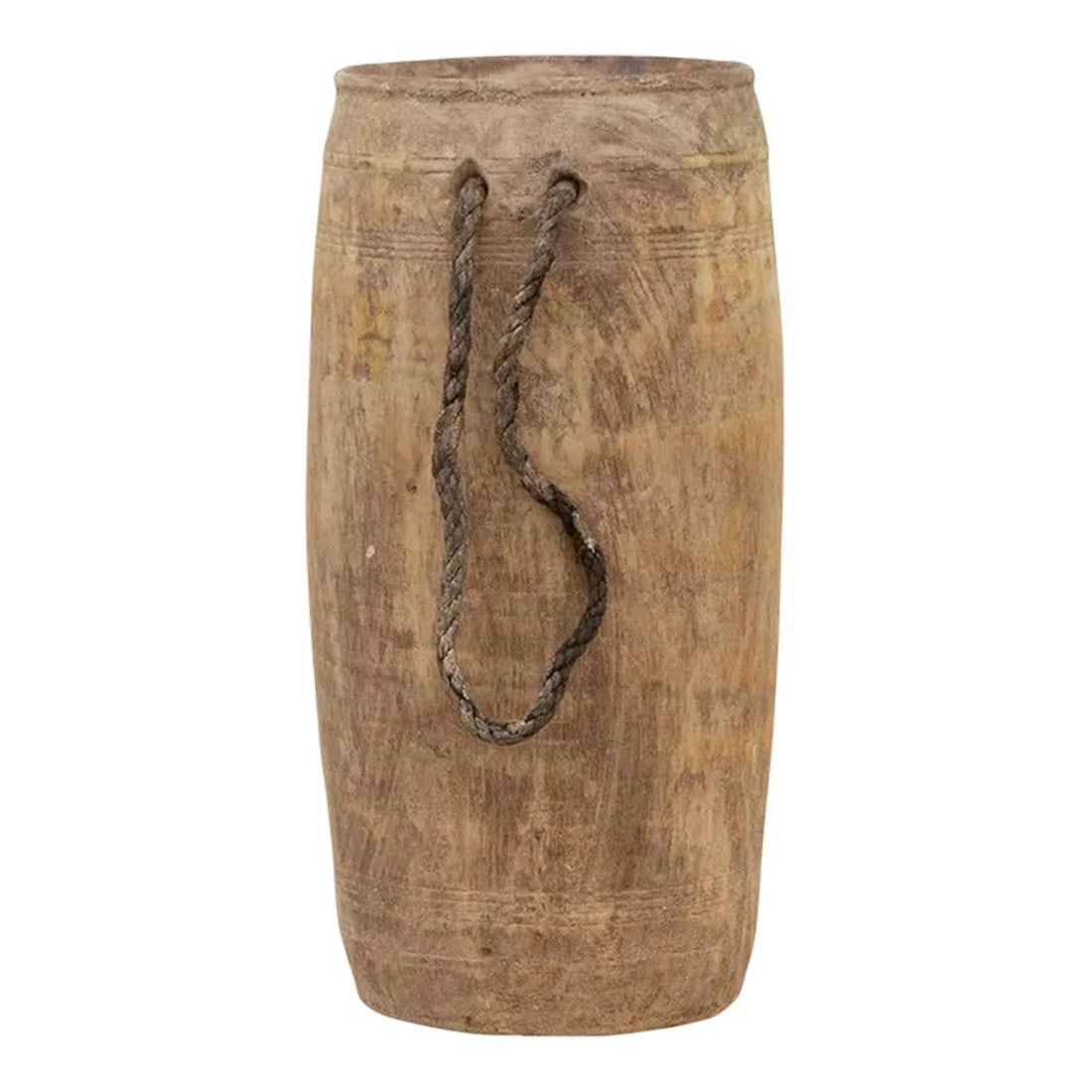 Vintage Indian Slim Milk Pot-Dasyo: These elegant and rustic milk pots are found in villages all over India. Originally used to store milk, this vessel has a time worn natural patina with an organic shape and a rope handle on the side. 