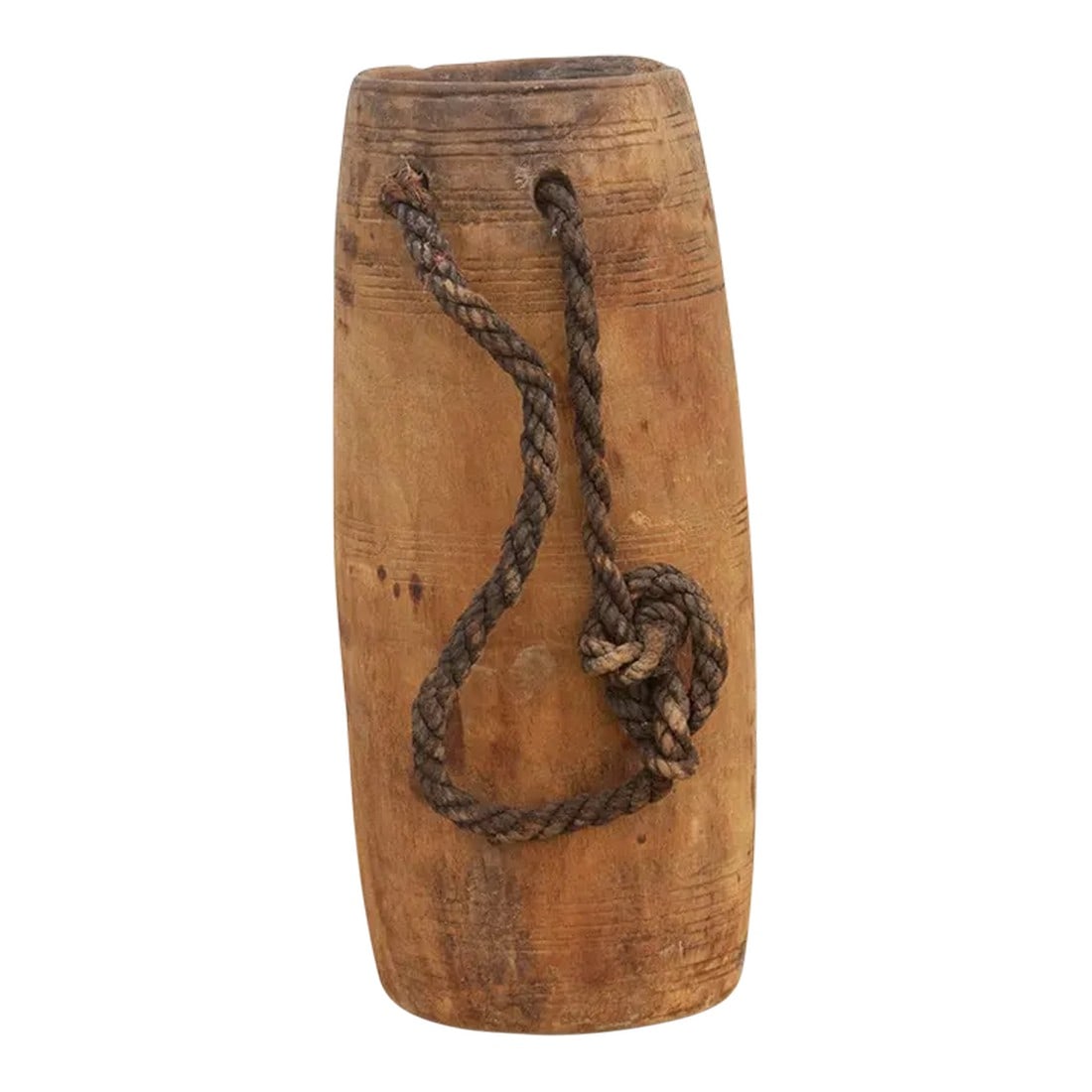 Vintage Indian Slim Milk Pot-Gugga: These elegant and rustic milk pots are found in villages all over India. Originally used to store milk, this vessel has a time worn natural patina with an organic shape and a rope handle on the side. 