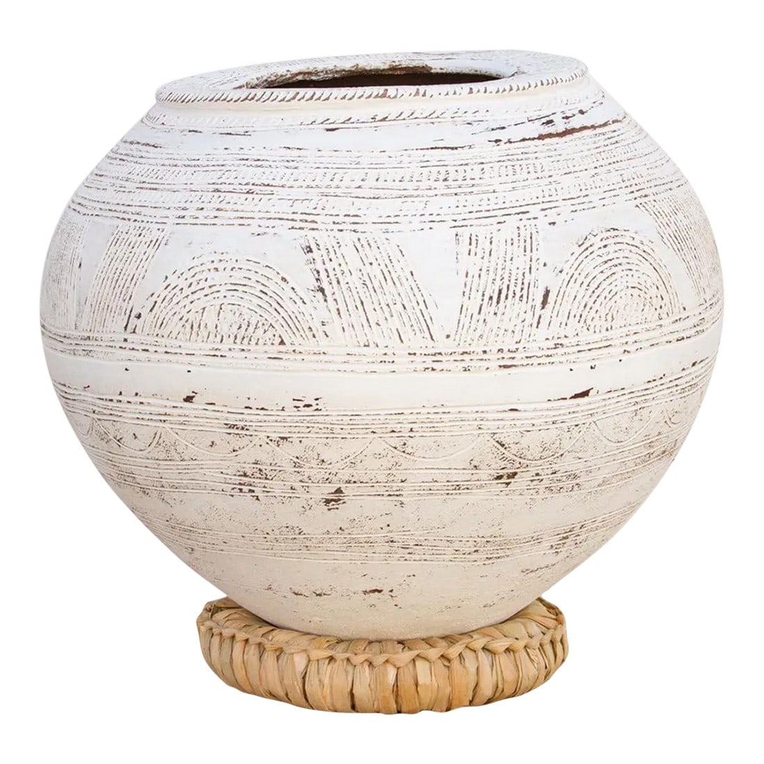 Whitewash African Antique Clay Pot: An original Nupe clay pot from Nigeria. This beautiful tribal African Terracotta pot of spherical shape has a custom whitewash painted finish. This Nupe pot was originally used to store water. It has
