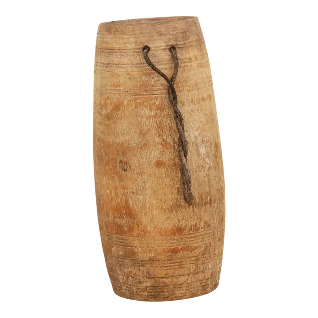 Vintage Indian Slim Milk Pot-Swangla: These elegant and rustic milk pots are found in villages all over India. Originally used to store milk, this vessel has a time worn natural patina with an organic shape and a rope handle on the side. 