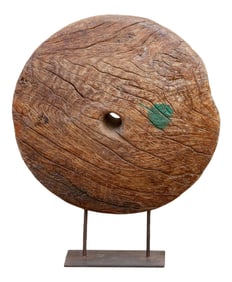 Large Antique Teak Wheel With Iron Stand