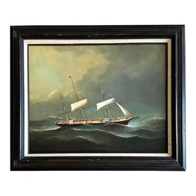 Vintage Ship Seascape Oil Painting in Frame