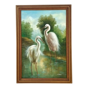 Vintage Pair of Cranes Landscape Original Oil Painting on Canvas