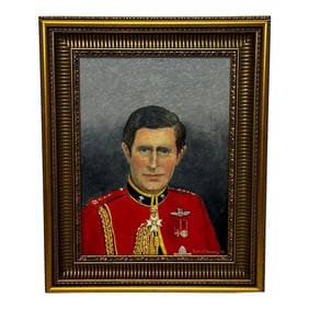 1990s Oil Painting Portrait Charles Prince of Wales Wearing Red Mess Dress