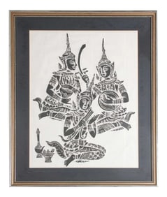 Vintage Charcoal Rubbing of Thai Musicians