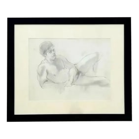 Vintage Boho Graphite on Paper Figure Drawing of a Man