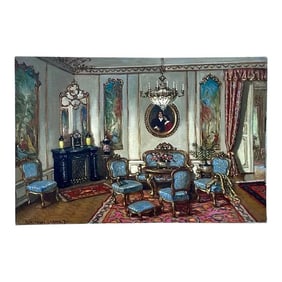 Vintage Boho Janos Apatfalvi Czene Oil Painting on Canvas of a Family Parlor