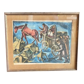 Mid 20th Century Vintage European Folk Art Framed Matted & Signed