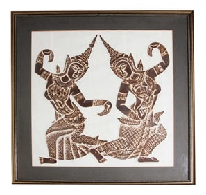 Vintage Thai Temple Charcoal Rubbing on Rice Paper