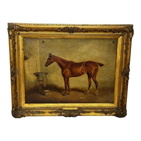 Early 1900s Victorian Oil Painting Portrait Horse Workman Bay Hunter Lord Galway's Stables Serlby Ha