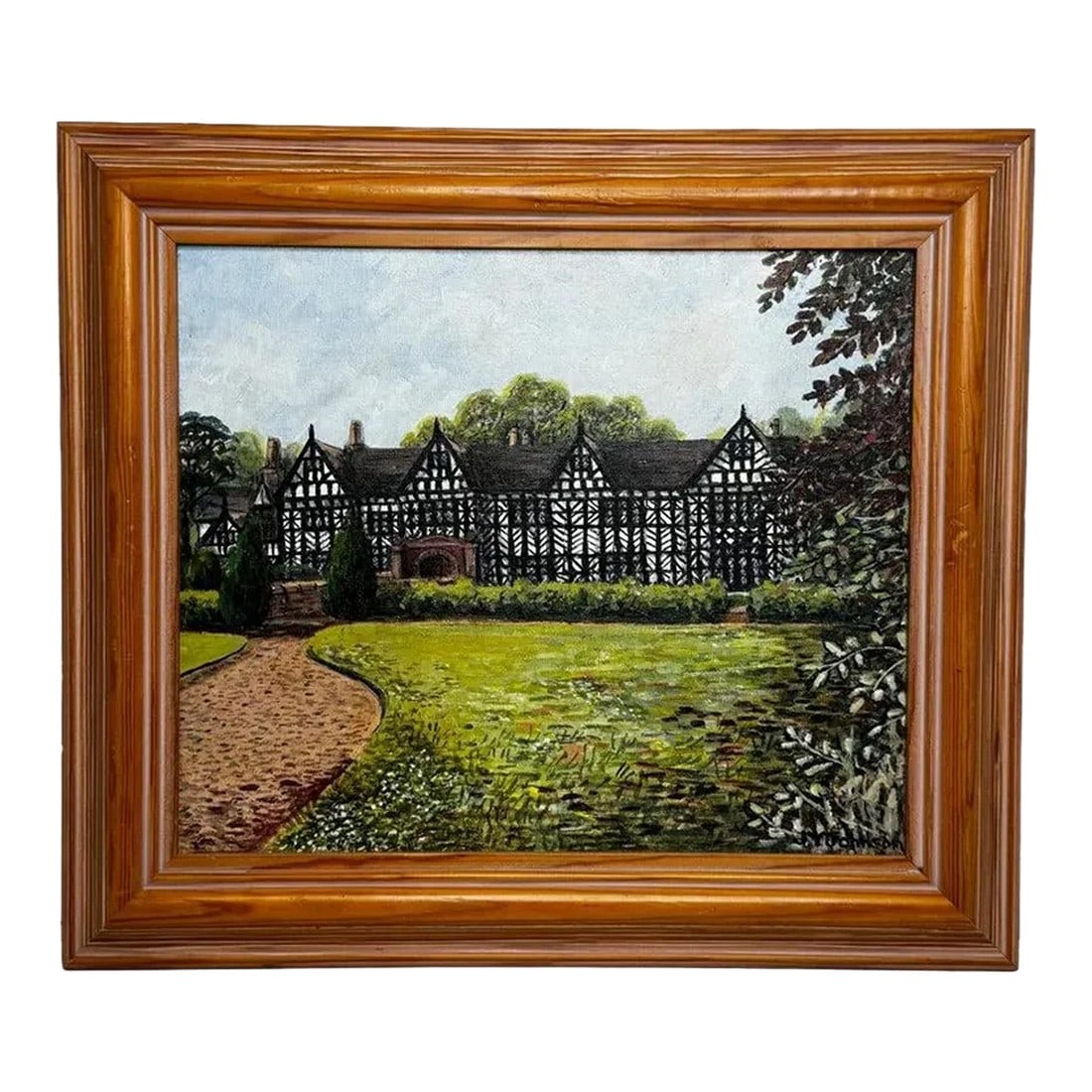 British Oil Painting Historic Architecture Speke Hall Tudor Manor House After Thomas Allom, Framed: 1 British Oil Painting Historic Architecture Speke Hall Tudor Manor House Liverpool After Thomas Allom. Impress your clients & guests with this historic Tudor manor house masterpiece to display on you