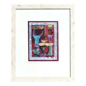Vintage Boho Original Abstract Figurative Oil on Paper Signed by the Artist