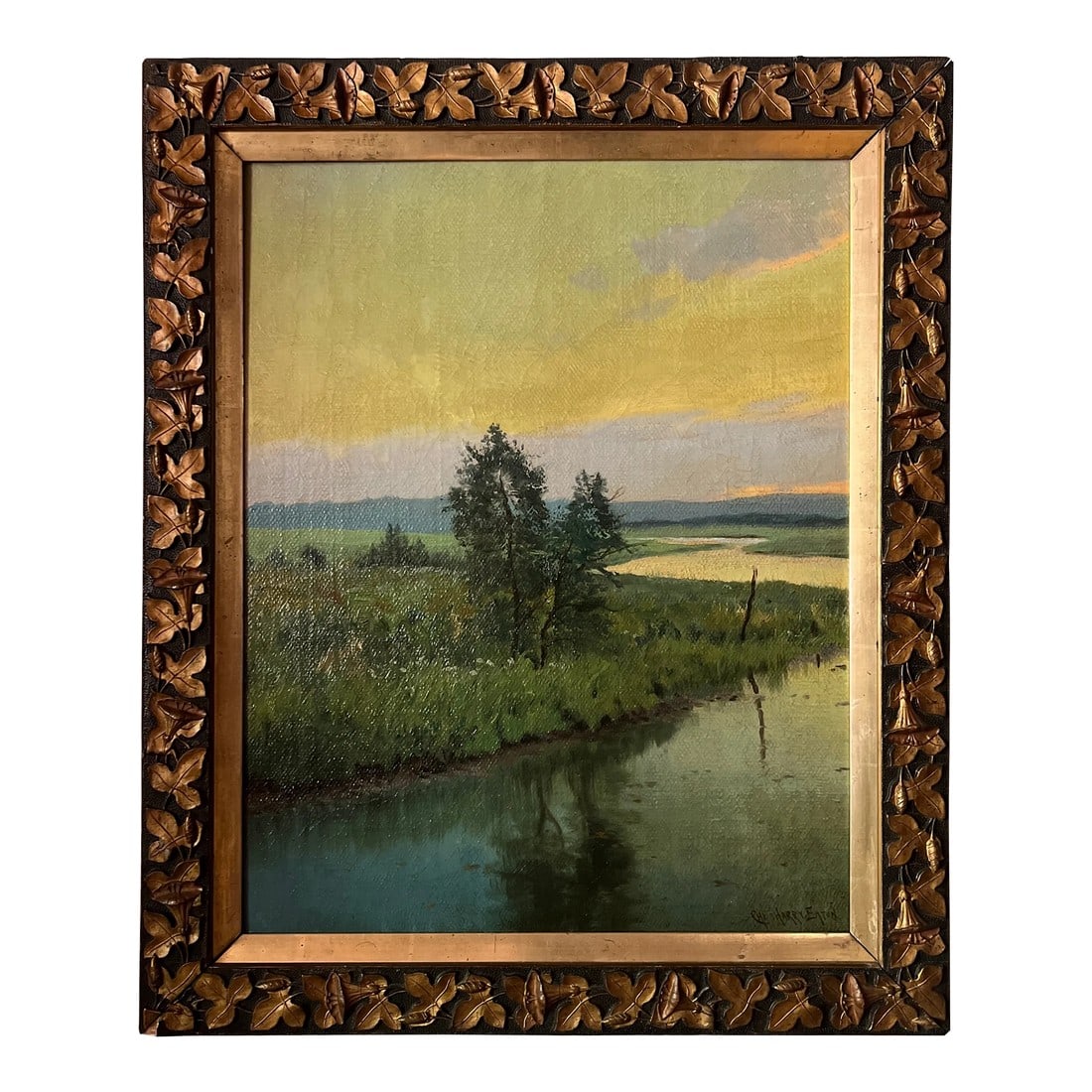 Charles Harry Eaton (American, 1850-1901) "Marsh Landscape" Period Frame O/C: Charles Harry Eaton (1850-1901) Inspired by the Barbizon style of painting and devoted to the Detroit landscape for much of his career, Charles Harry Eaton was largely a self-taught artist who determi