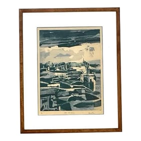 Vintage Abstract Cityscape Lithograph on Paper
