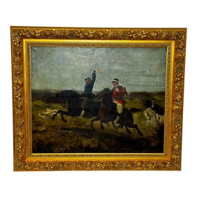 Mid 19th Century Large Victorian French Parisian Huntsman Oil Painting & Foxhounds Hot Pursuit by Gu