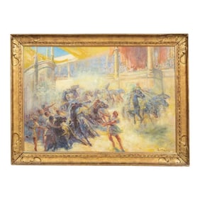 Antique Georges Maury French Impressionist "Chariot Race" Oil on Canvas