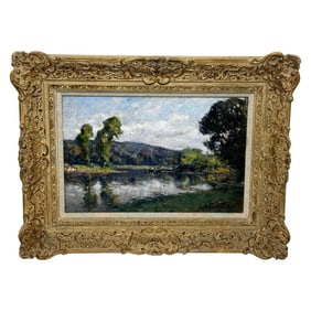 1920s Impressionist Oil Painting Fishing River Orne Normandy France by André Pré