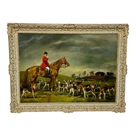 British Oil Painting Red Coat Huntsman With Hound Dogs Fernie Hunt by John Theodore Kenney 1957, Fra