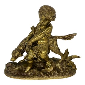 Auguste Joseph Peiffer (French, 1832-1886) "L'enfant Et Le Chien" Gilt Bronze