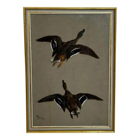 Antique British Victorian Painting Game Birds Ducks Flying Away by Thomas Blinks, Framed
