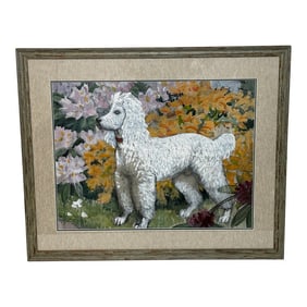 Watercolour Painting White Poodle Dog With Rhododendron Flowers by Charles Frederick Tunnicliffe
