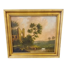 19th Century English School Oil Painting on Canvas of Capriccio and Cow Landscape