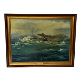 Seascape Oil Painting HMS Franklin Mine Sweeper Ship the Pentlands Wwii Convoy Duty North Sea, Frame