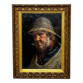 British Newlyn School Oil Painting Portrait Cornish Fisherman by David Wood Haddon Circa 1888, Frame