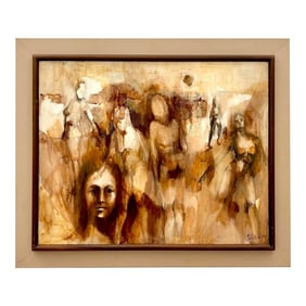 Vintage Boho Abstract Figurative Oil Painting by D. Melton