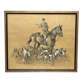 Drawing East Coast American Foxhounds With Rider Playing Bugle by Michael Lyne C1950