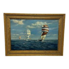 British Large Oil Painting Seascape Admirals Cup Yacht Cross Channel Race 1969 Off Cowes Isle Wight,