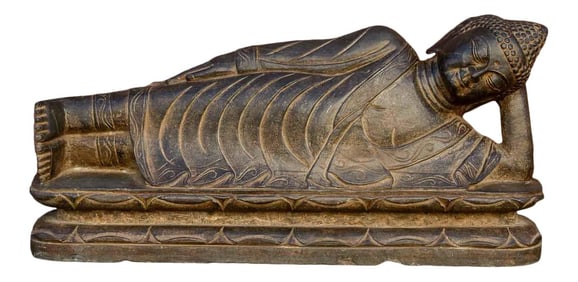 Black Stone Asian Reclining Carved Buddha