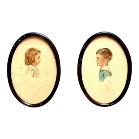 Vintage Children Portrait Duo in Oval Frame - Set of 2