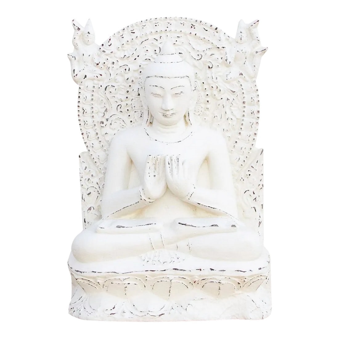 Antique Sandstone Cambodian Buddha: A beautiful stone Buddha from 19th century, Cambodian seated in meditation pose with a back panel and two small figures of angels on each corner. This statue is heavily adorned with carved details and