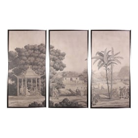 Large Scale Triptych of Idyllic Scenes of Ancient China, Paintings in Brunaille, Jardins en Fleur