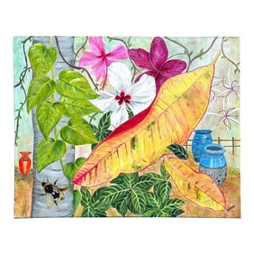 Vintage Boho Tropical Floral Painting on Canvas