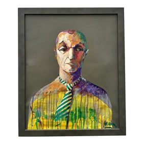 Vintage Boho Abstract Painting of Man Oil on Canvas Signed by the Artist