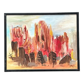 Vintage Boho Abstract Cityscape Original Oil on Board