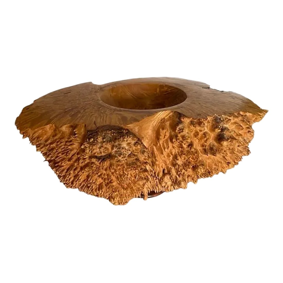 John Dickinson Hand Carved Maple Burl Wood Sculptural Bowl - 1997: A fantastic live edge organic sculpture constructed from a solid piece of maple burl wood. Modern style with a heavy weight, spikes to side and recessed bowl to center. Signed to bottom 1997. Biograph
