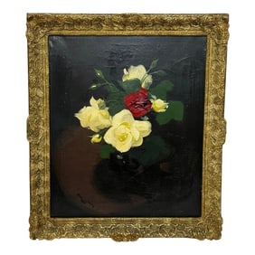 Late 19th Century Scottish Victorian Oil Painting Flowers Yellow & Red Roses by James Stuart Park, F