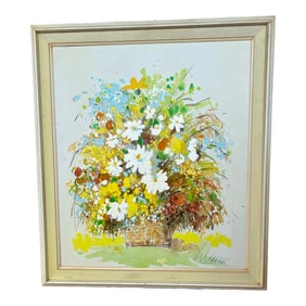 Mid Century Large Yellow Floral Still Life Oil Painting