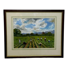 British Impressionist Oil Painting Busy Picking Red Strawberries in South Downs Burgess Hill, Framed