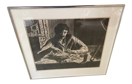 1971 "Self Portrait With Tools" Woodcut Print, Framed