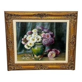 19th Century Oil Painting Flowers Chrysanthemums in Vase Emily Selinger 1848-1927, Framed